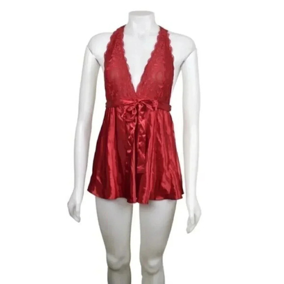 La Vie En Rose Satin Babydoll Lace Tie Waist Deep V Size Small - Picture 1 of 9